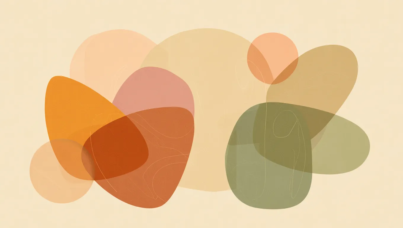 Soft geometric shapes with connected elements illustrating the balanced and mindful approach to daily nourishment